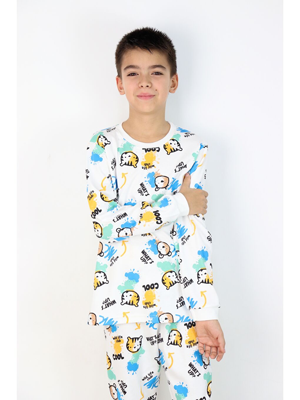 Beyaz Erkek Çocuk Baskılı interlok Kumaş Uzun Kollu Pijama Takımı-5