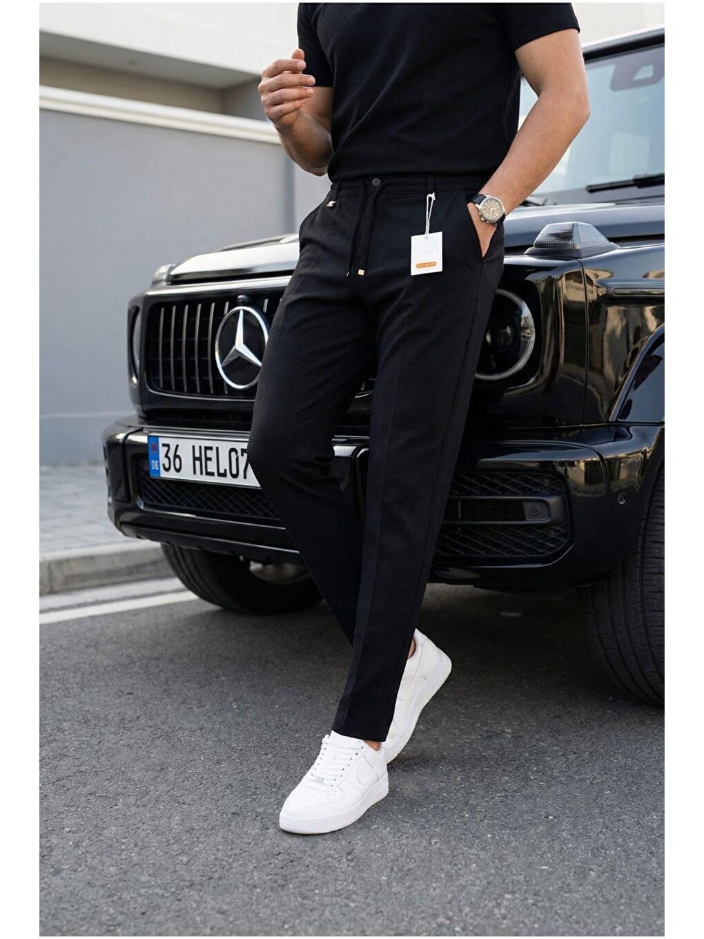 Siyah Holl Beli Lastikli ve Bağcıklı Elastanlı Esnek Örme Jogger Pantolon