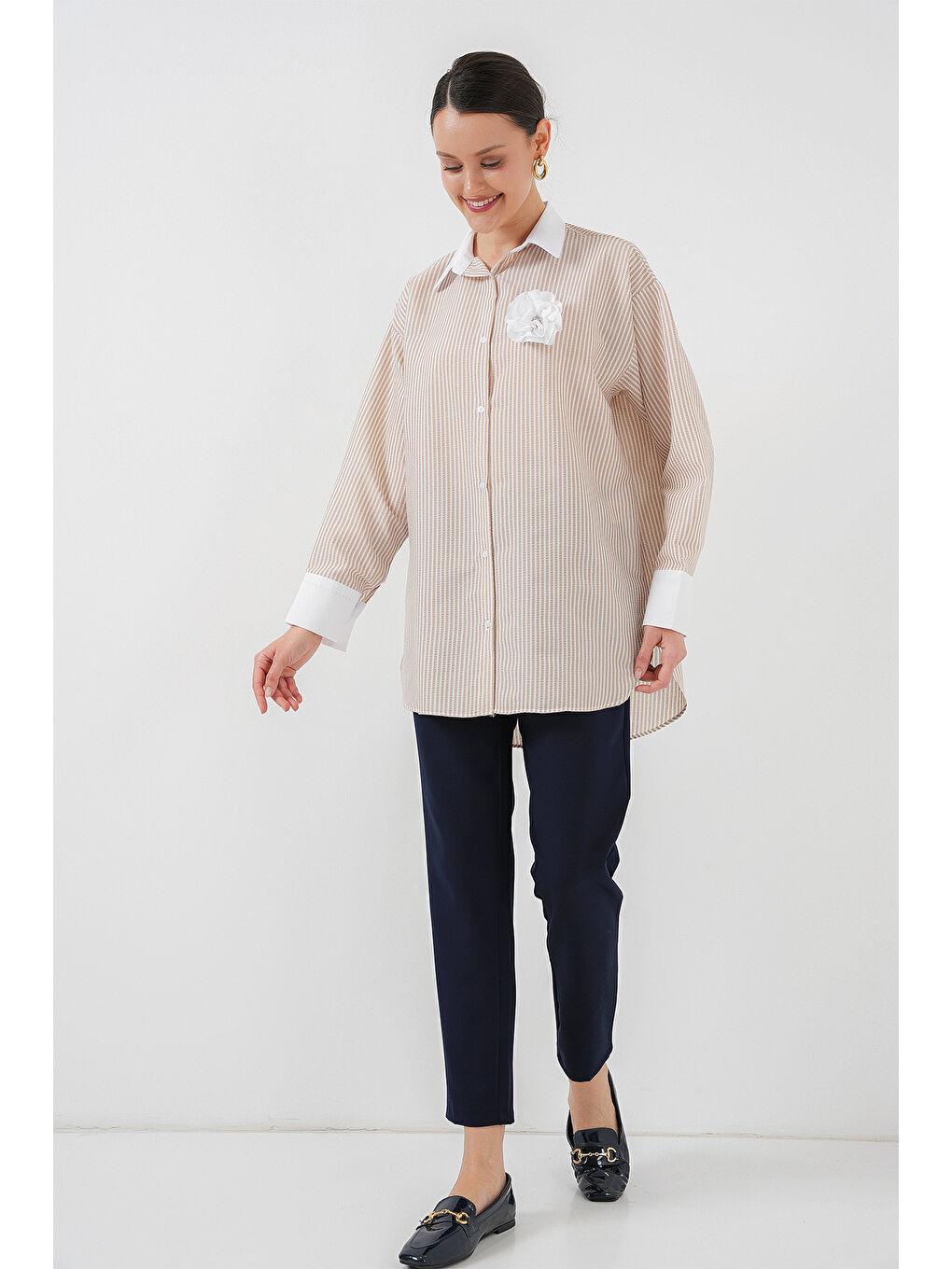 Kadın Uzun Çizgili Gömlek 5962 - Bej-2
