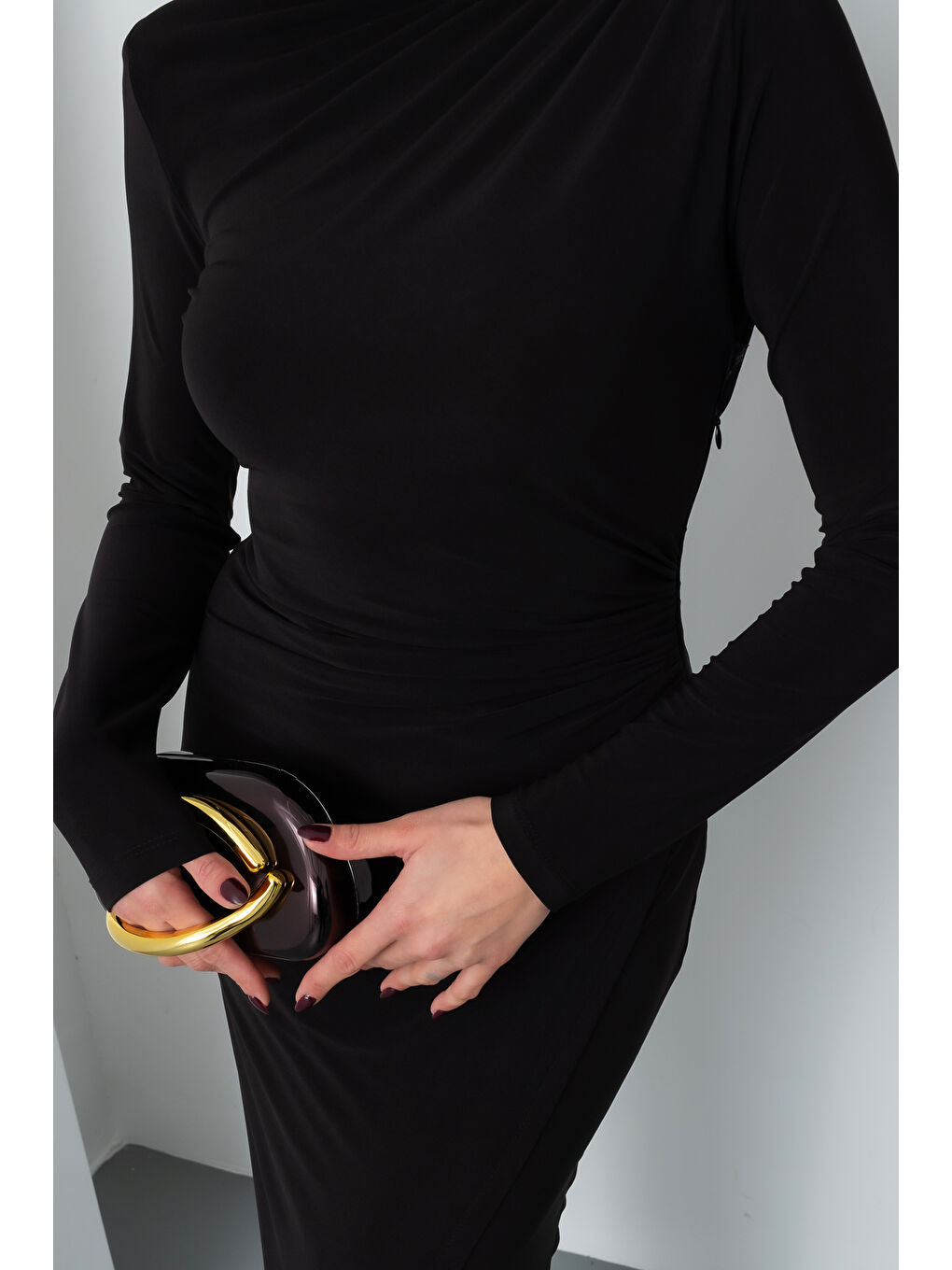 Kadın Siyah Uzun Kol Drapeli Uzun Elbise-4