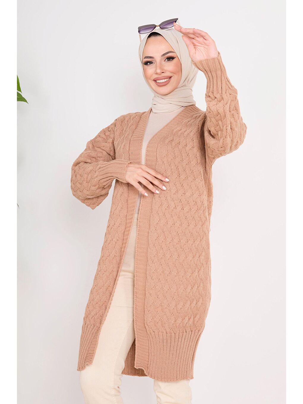 Bej Ceket Yaka Kadın Vizon Triko Hırka - 23104-1