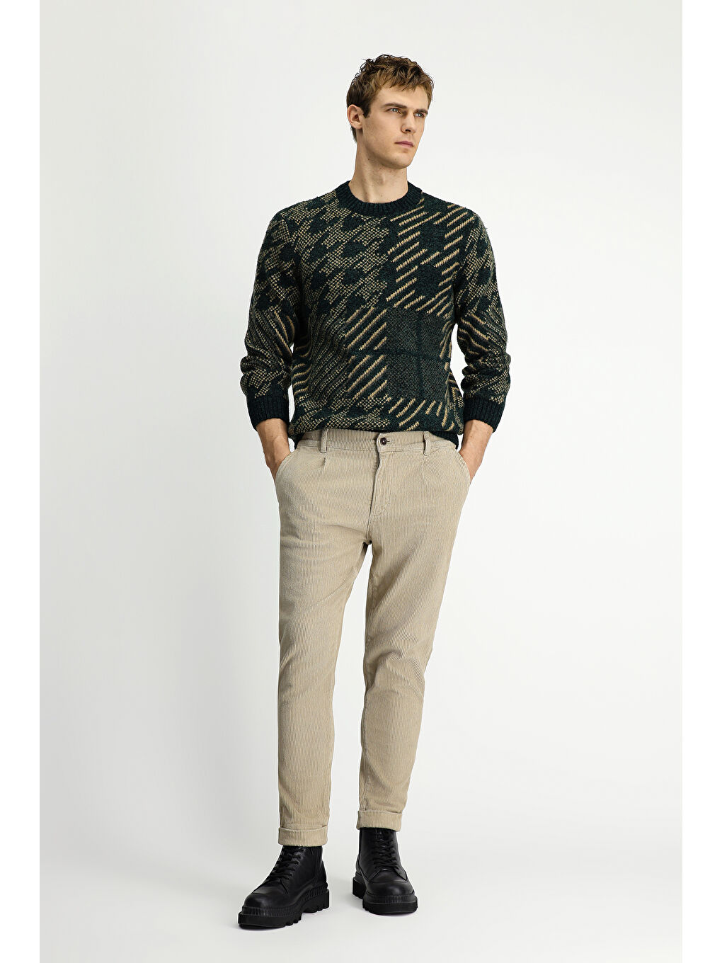 Yeşil Bisiklet Yaka Regular Fit Desenli Yünlü Triko Kazak-1