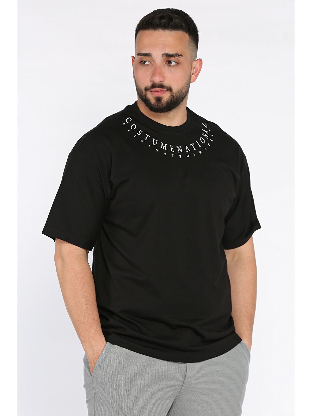 Siyah Erkek Yaka Baskılı Oversize Tişört