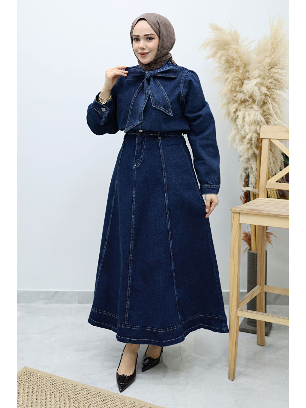 Yakası Bağlamalı Etekli Jean Takım TSD260135 Koyu Mavi