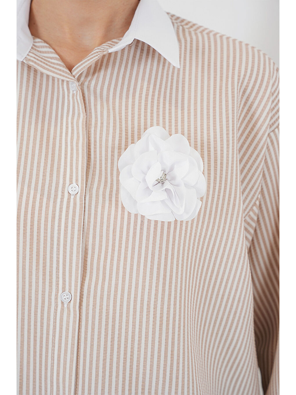 Kadın Uzun Çizgili Gömlek 5962 - Bej-3