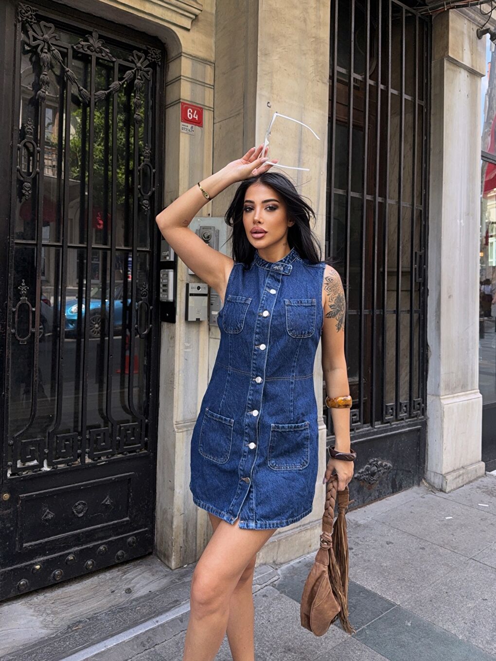 Lacivert Kolsuz Önü Düğmeli Jean Elbise