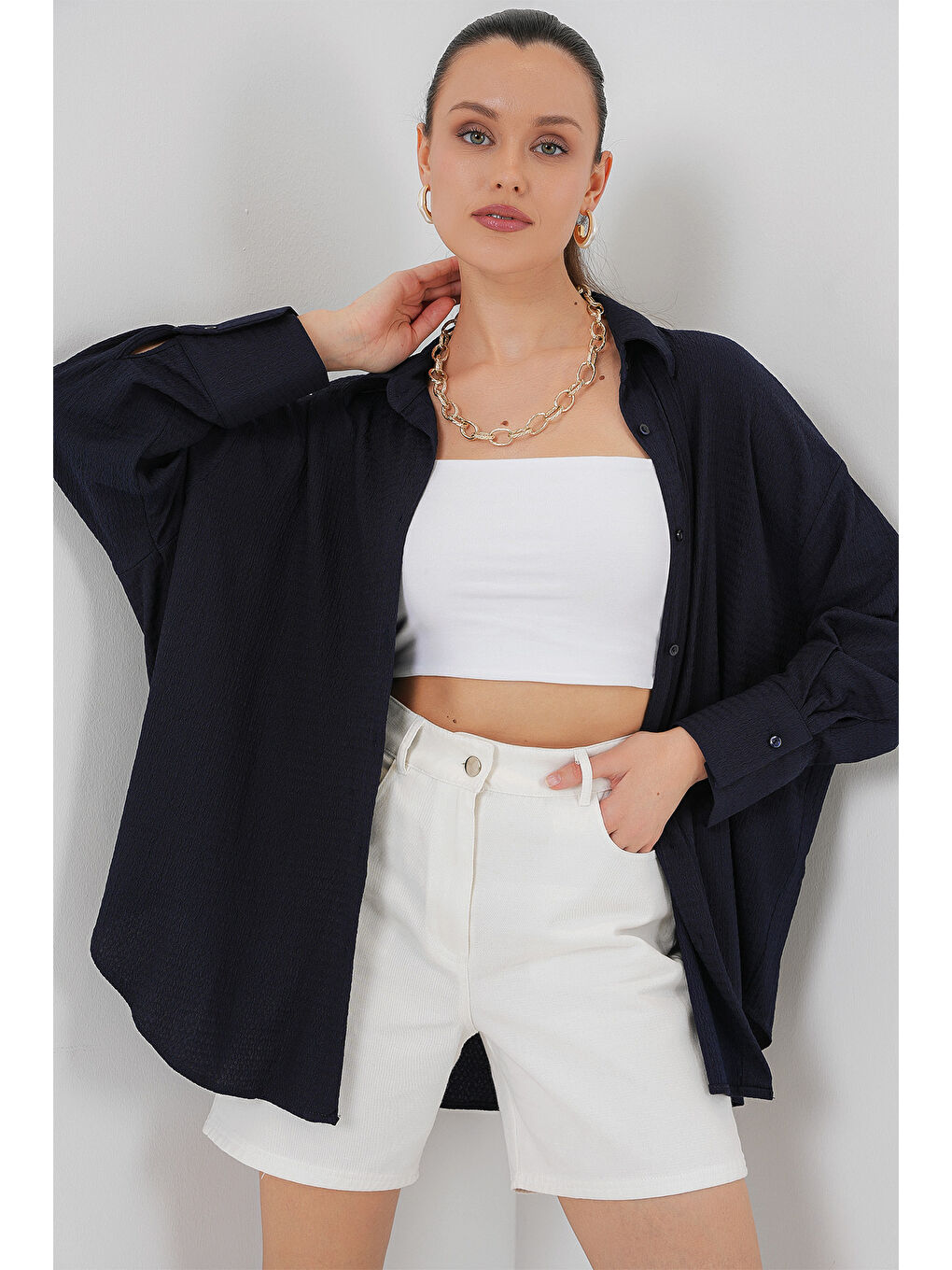 Kadın Örme Oversize Gömlek 20264 - Lacivert