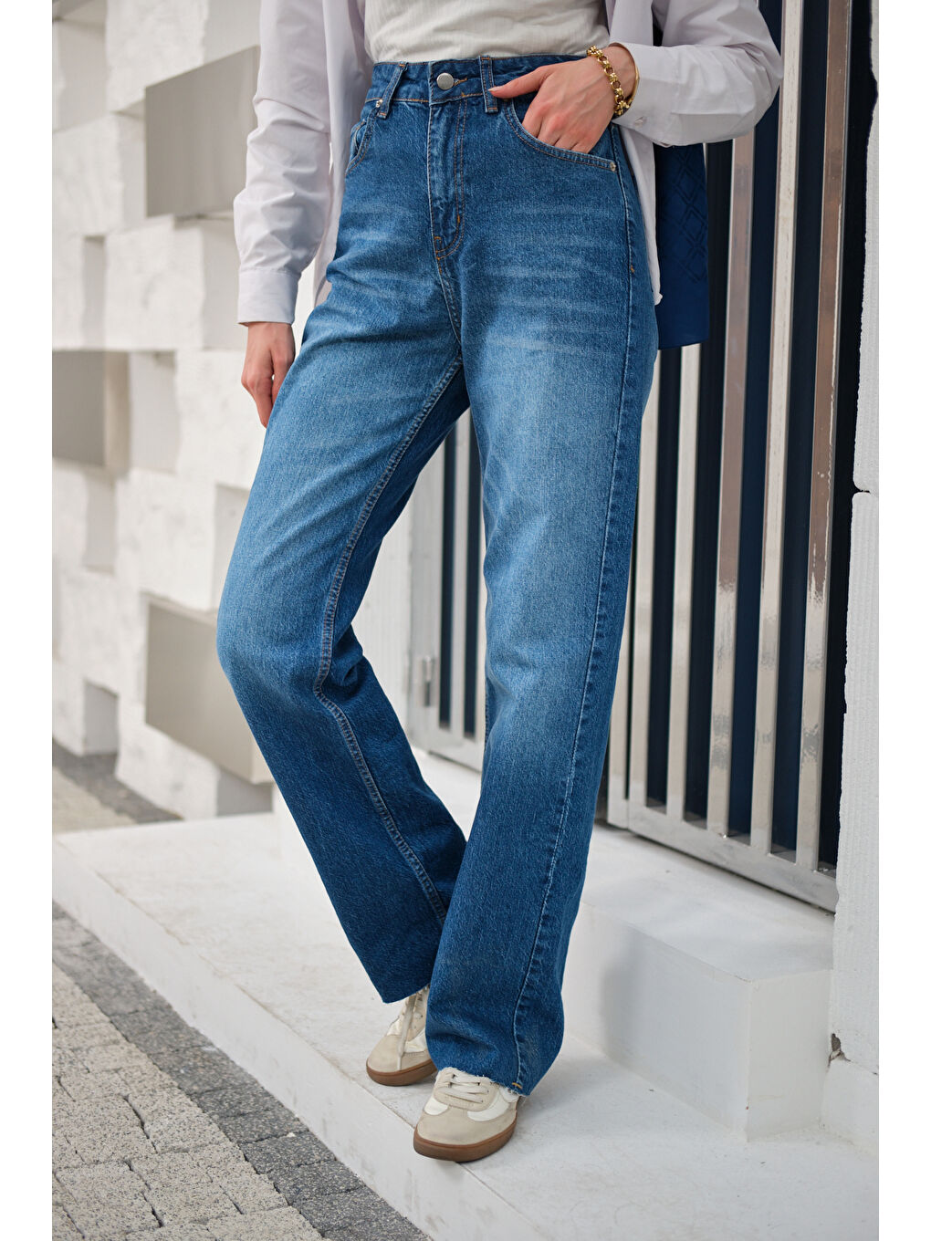 Kadın Kesik Paça Desen Jean Pantolon Mavi-2