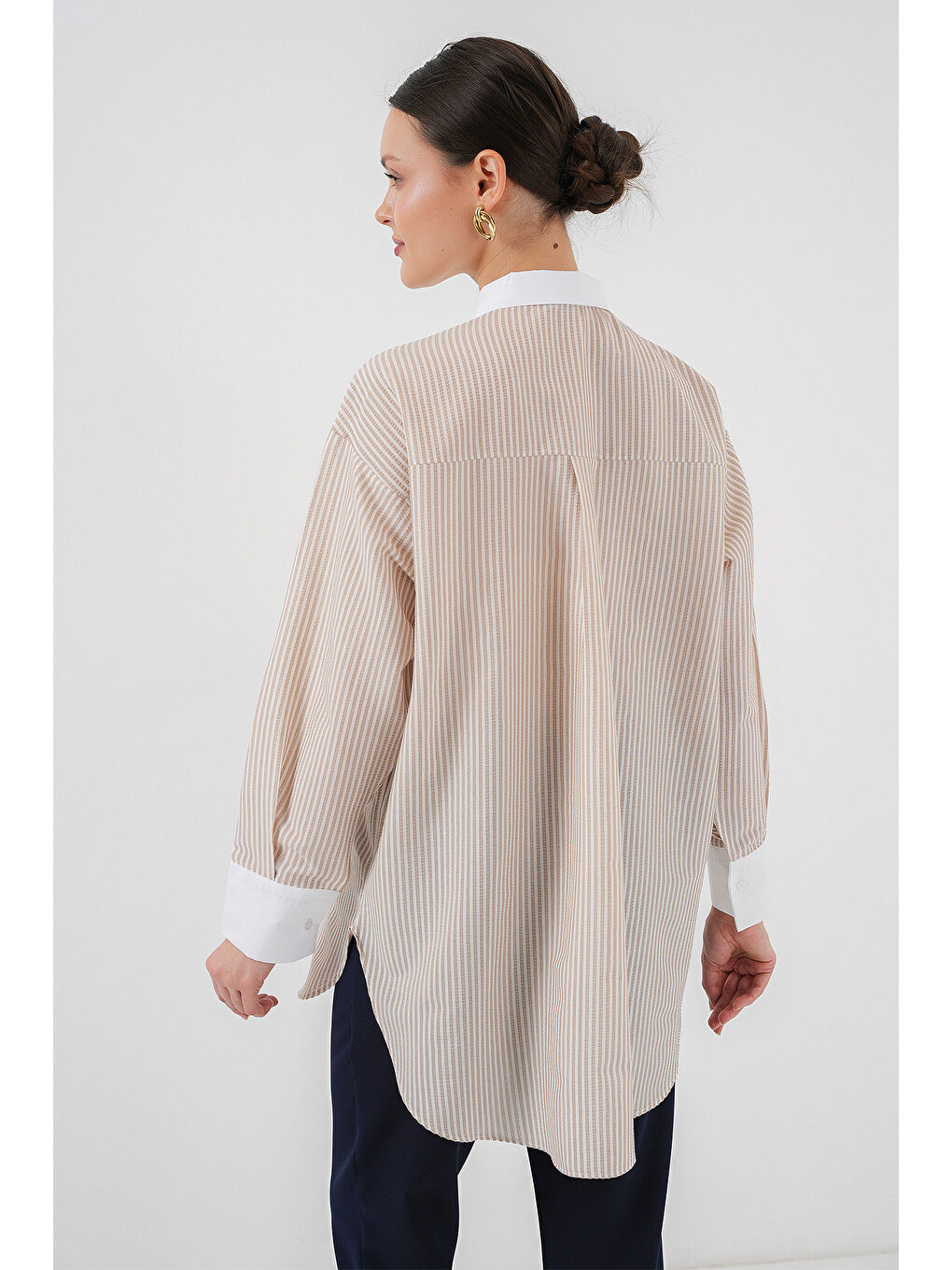 Kadın Uzun Çizgili Gömlek 5962 - Bej-4
