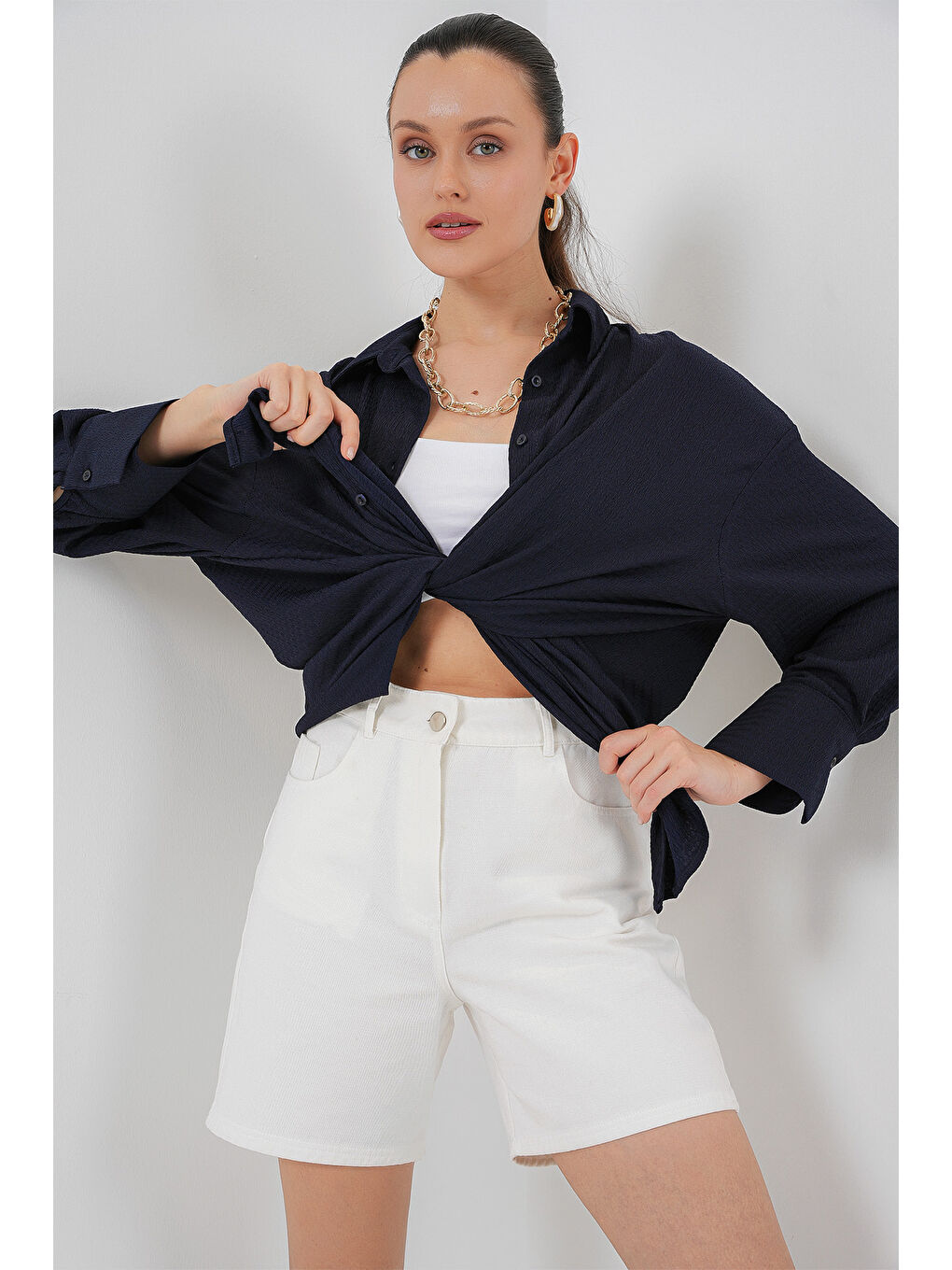 Kadın Örme Oversize Gömlek 20264 - Lacivert-1