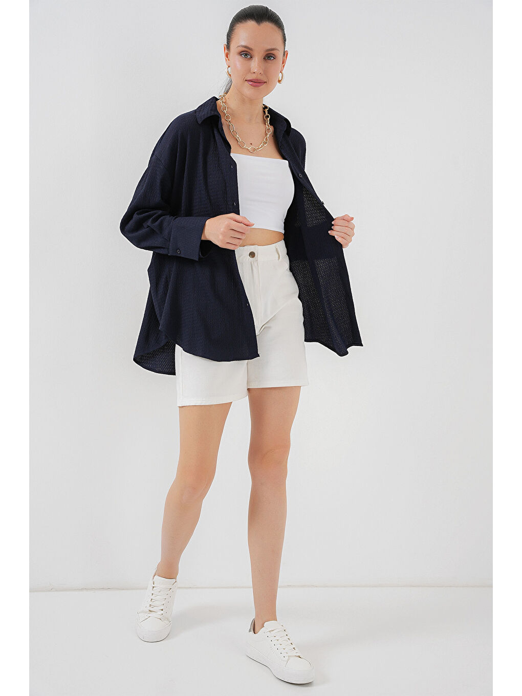 Kadın Örme Oversize Gömlek 20264 - Lacivert-3