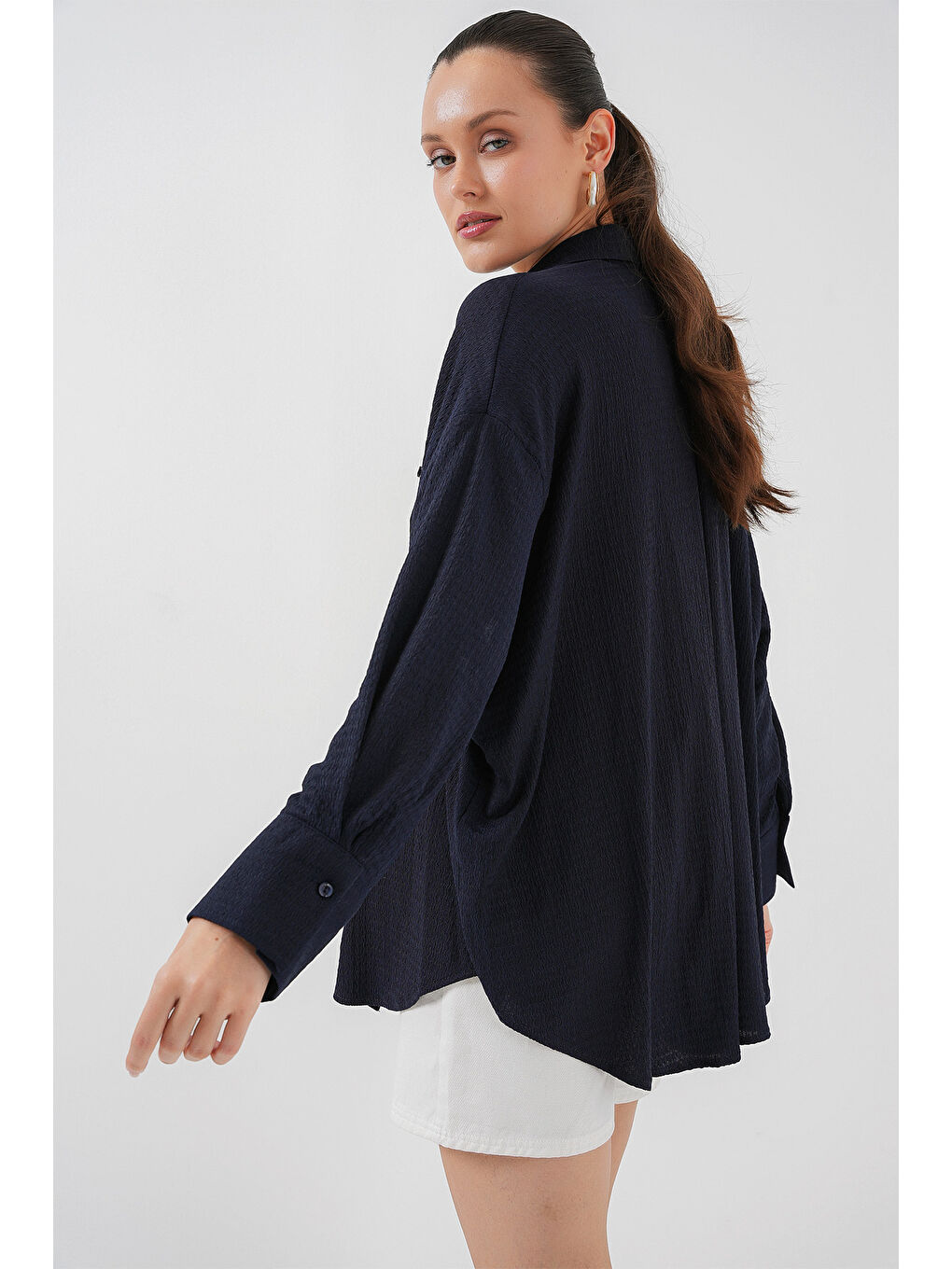 Kadın Örme Oversize Gömlek 20264 - Lacivert-4