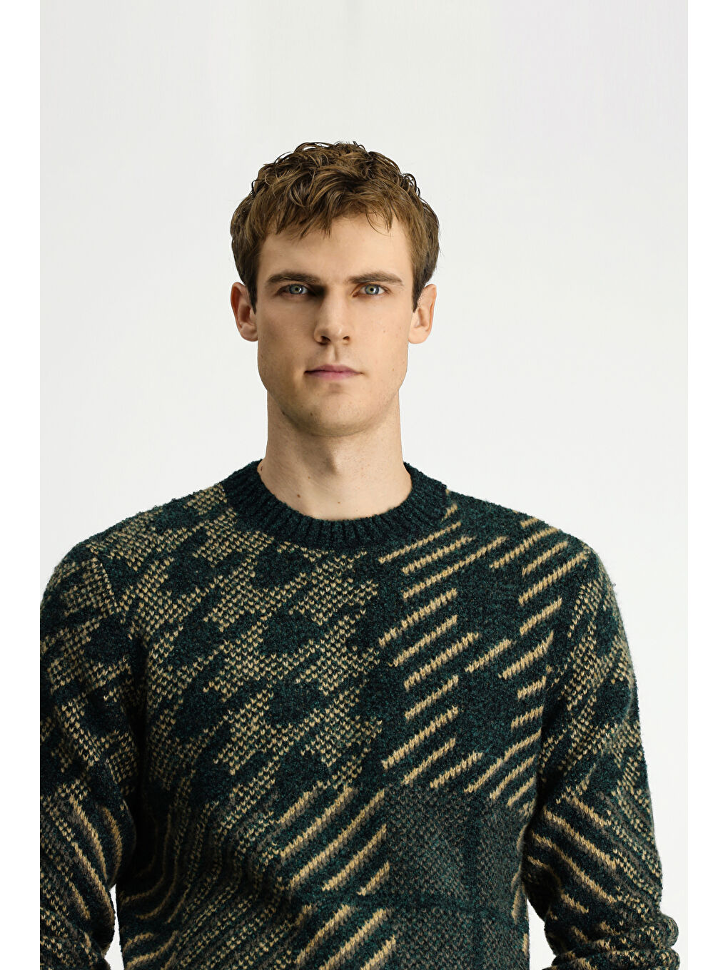 Yeşil Bisiklet Yaka Regular Fit Desenli Yünlü Triko Kazak-2