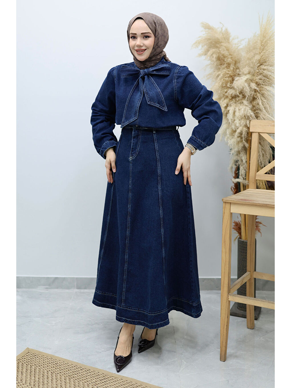 Yakası Bağlamalı Etekli Jean Takım TSD260135 Koyu Mavi-2