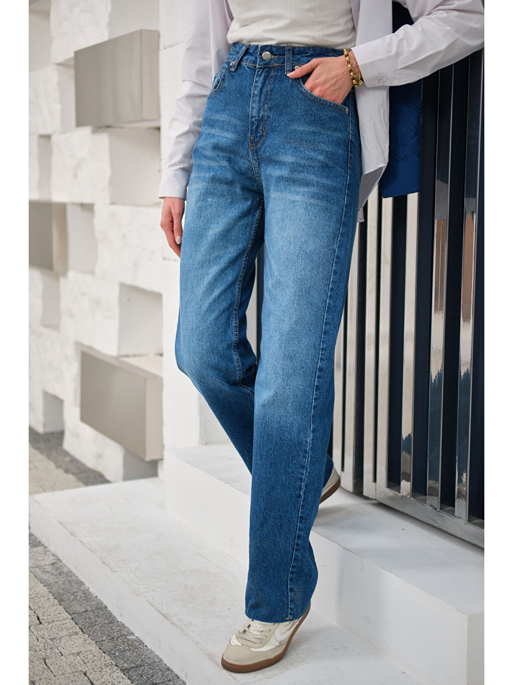 Kadın Kesik Paça Desen Jean Pantolon Mavi-3