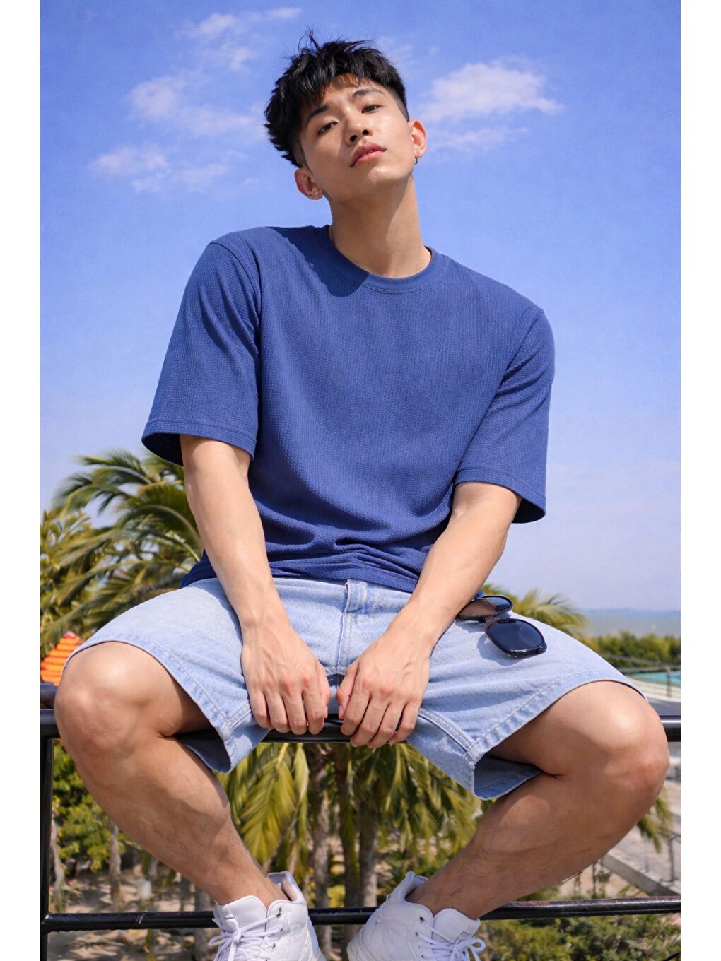 Lacivert Erkek Jakarlı Oversize Tişört Bisiklet Yaka Rahat Kalıp Yazlık Basic T-Shirt-1