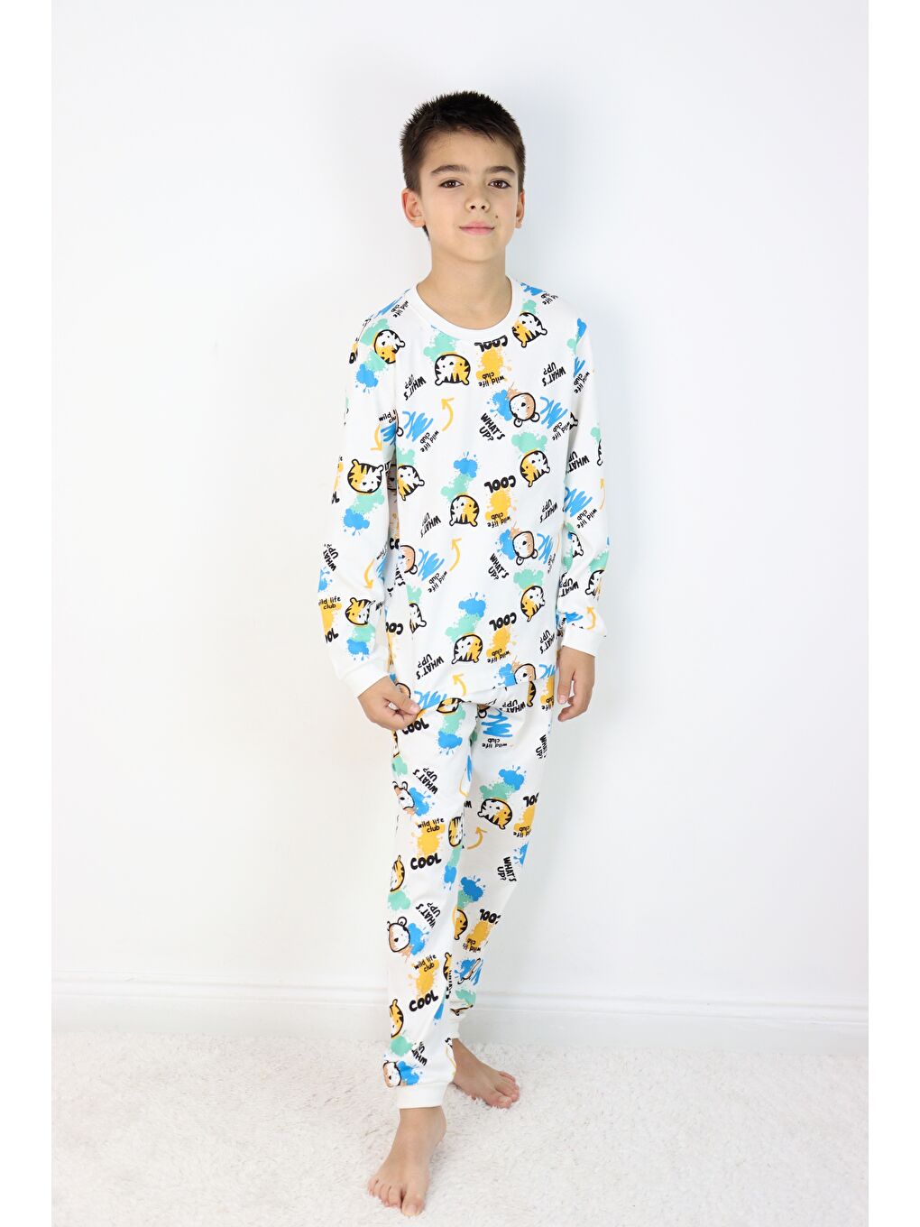 Beyaz Erkek Çocuk Baskılı interlok Kumaş Uzun Kollu Pijama Takımı-6