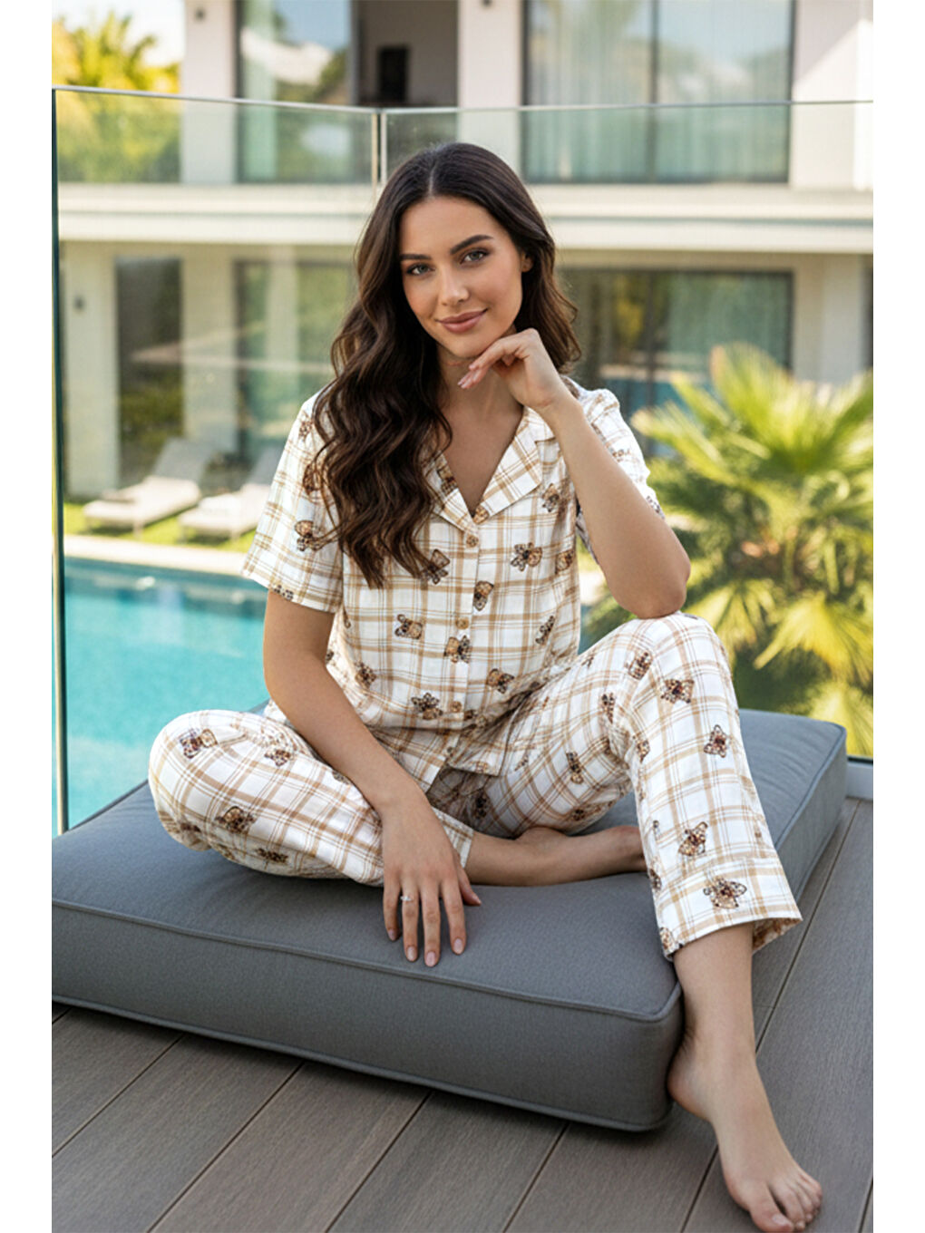 Kadın Ayıcık Desen Kısa Kol Suprem Pijama Takımı 0277 Bej02