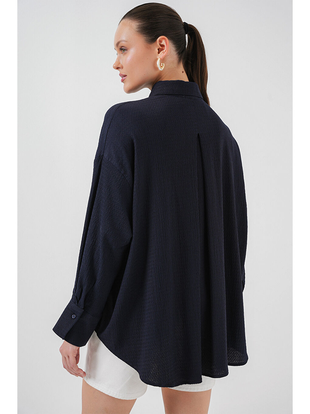 Kadın Örme Oversize Gömlek 20264 - Lacivert-6