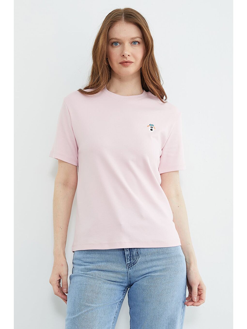 Pembe Köpek Nakışlı Bisiklet Yaka Tişört-1