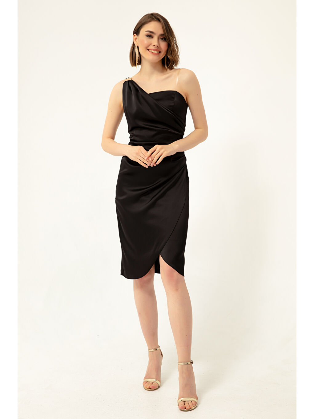 Kadın Siyah Tek Omuzlu Midi Saten Abiye Elbise-1