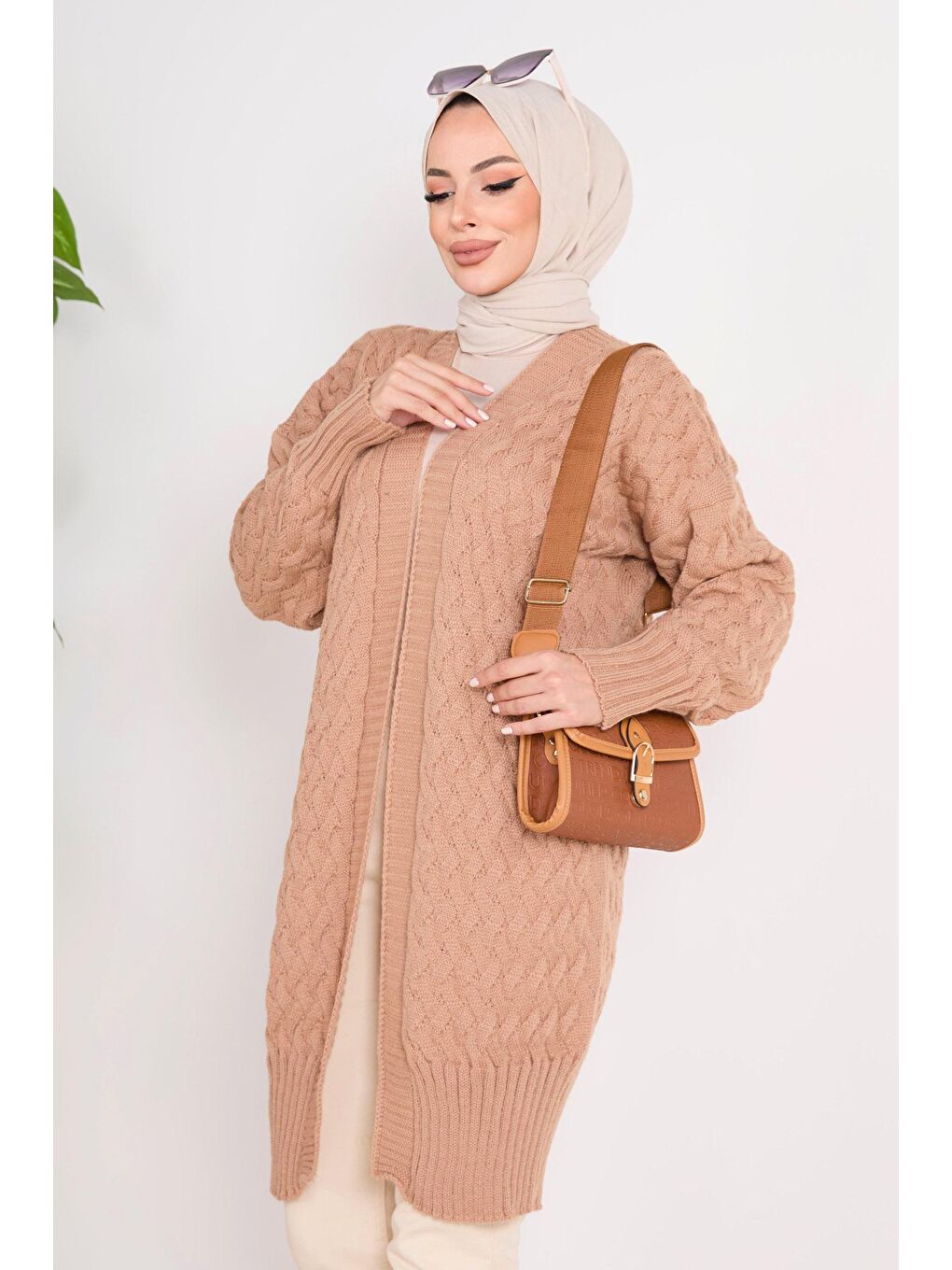 Bej Ceket Yaka Kadın Vizon Triko Hırka - 23104-2