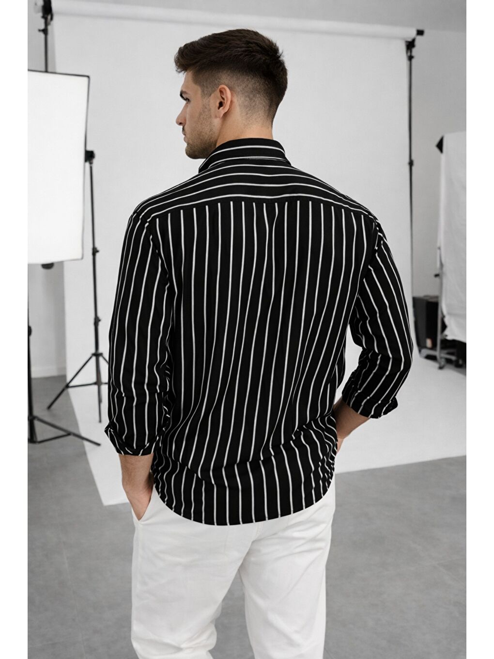 Siyah Erkek İki Çizgili Regular Relaxed Fit Uzun Kollu Gömlek-2