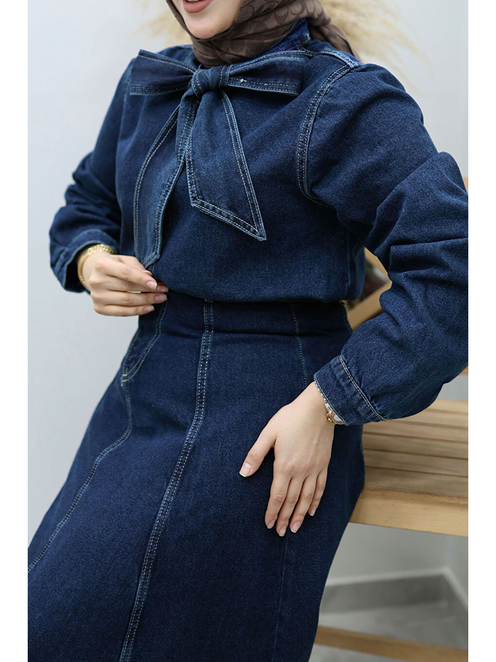 Yakası Bağlamalı Etekli Jean Takım TSD260135 Koyu Mavi-3