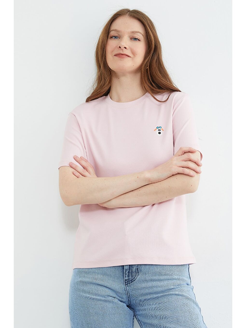 Pembe Köpek Nakışlı Bisiklet Yaka Tişört-2