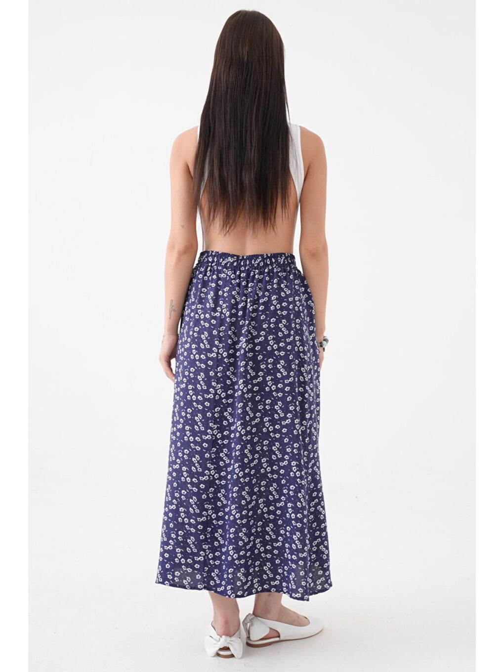 Lacivert Kadın A Kesim Beli Lastikli Desenli Yırtmaçlı Midi Dokuma Etek - Viskon-6