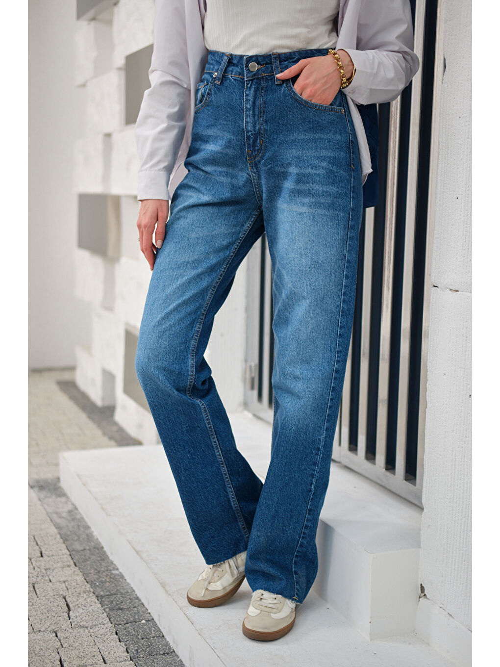 Kadın Kesik Paça Desen Jean Pantolon Mavi-4