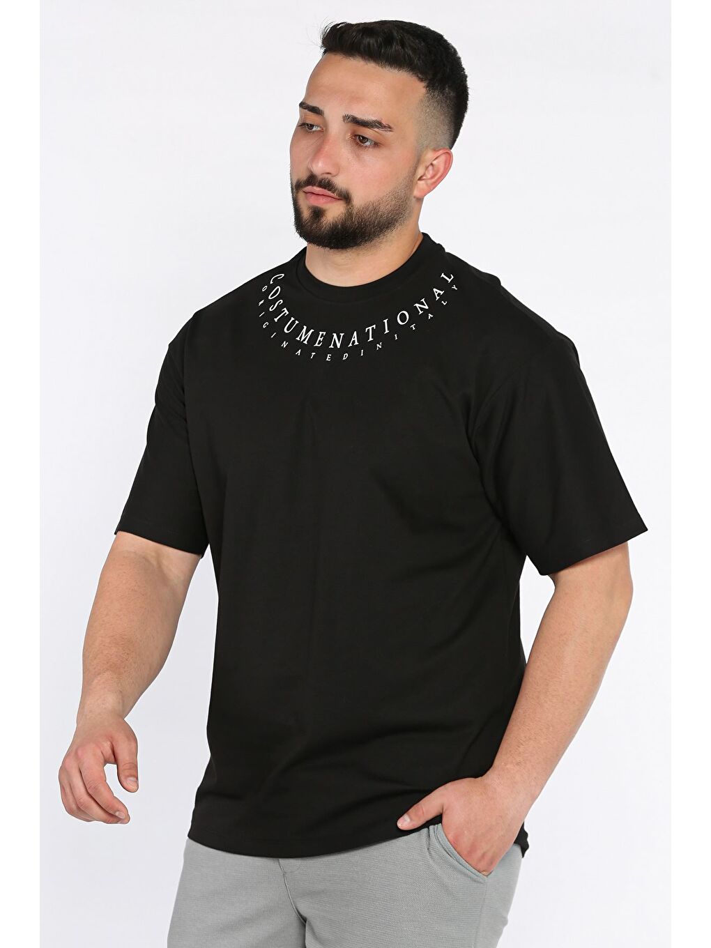 Siyah Erkek Yaka Baskılı Oversize Tişört-2