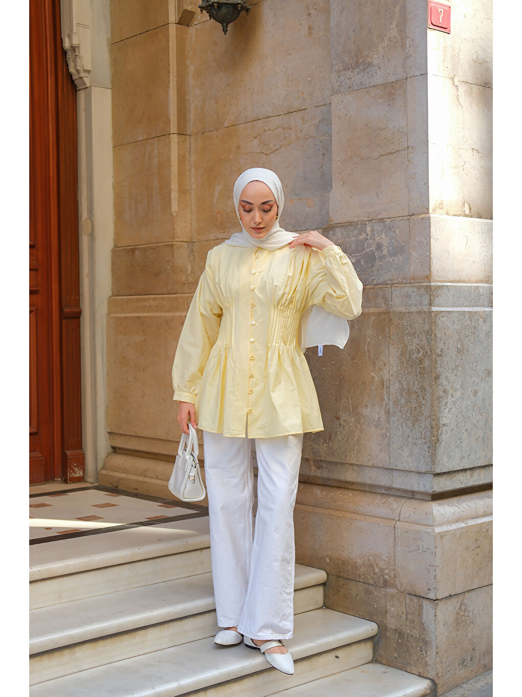 Kadın Beli Nervürlü Poplin Gömlek Sarı-1