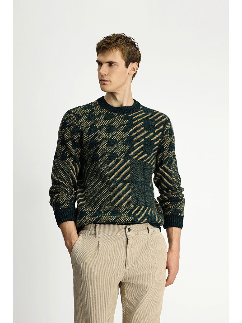 Yeşil Bisiklet Yaka Regular Fit Desenli Yünlü Triko Kazak-3