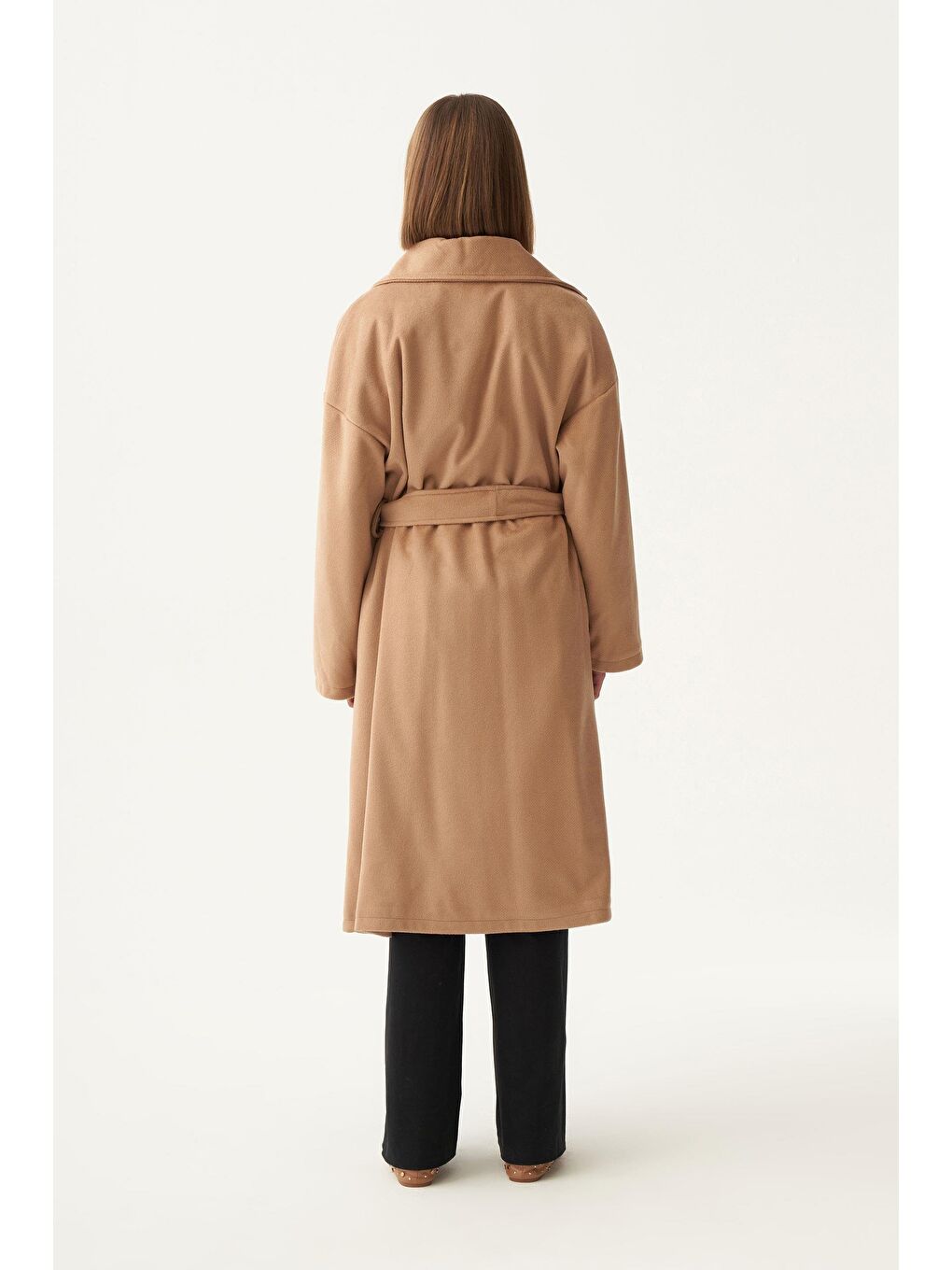 Koyu Bej-Kruvaze Yaka Kuşaklı Kaşe Kaban-2