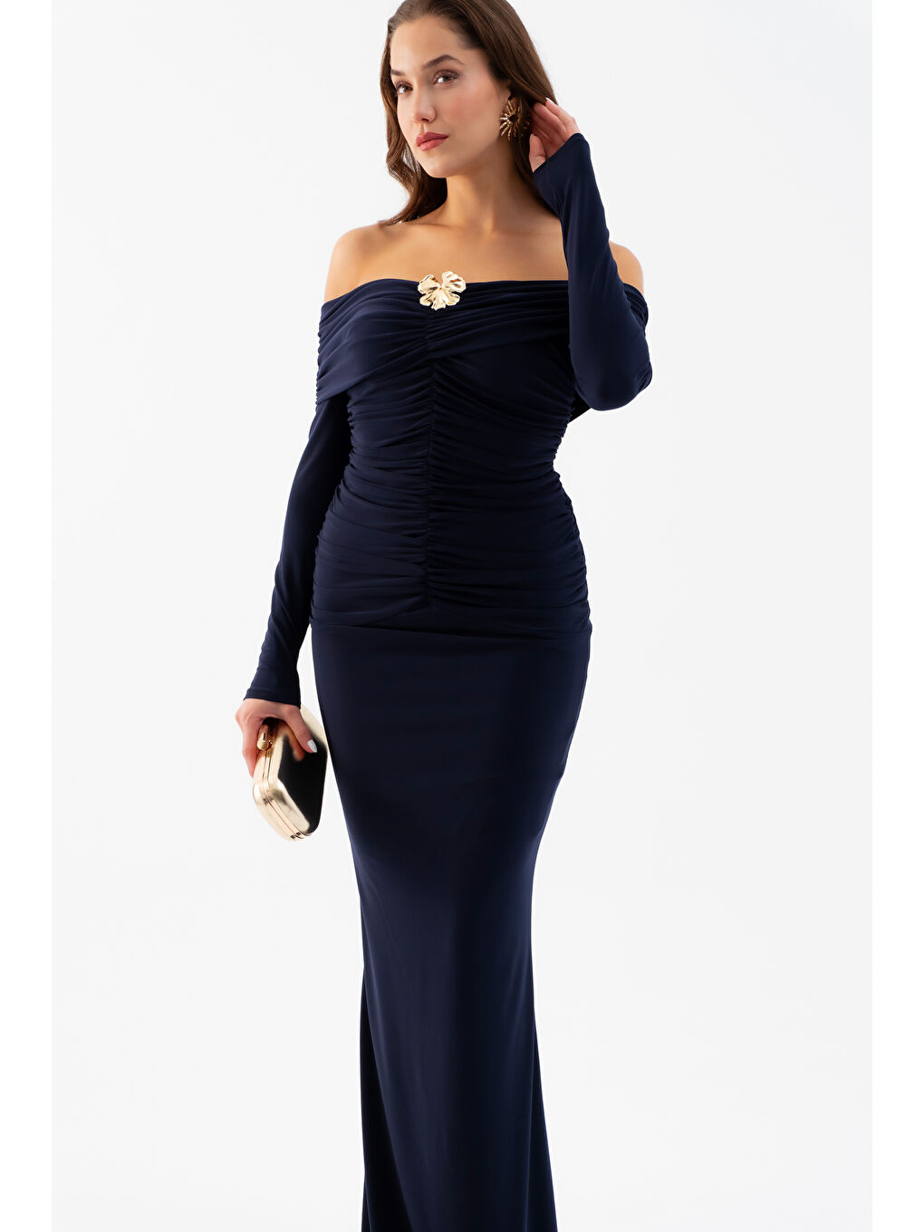 Kadın Lacivert Büzgü Detay Uzun Elbise-1