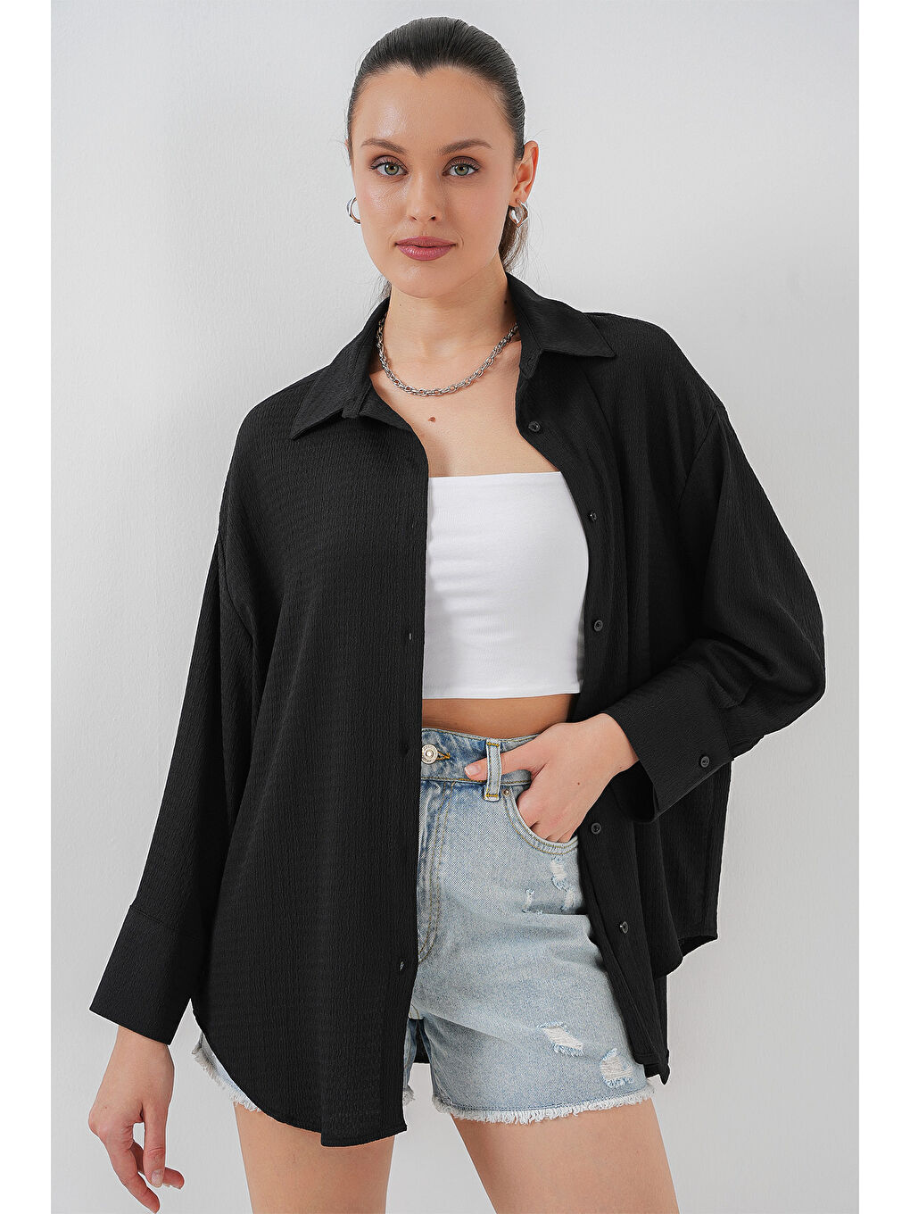 Kadın Örme Oversize Gömlek 20264 - Siyah
