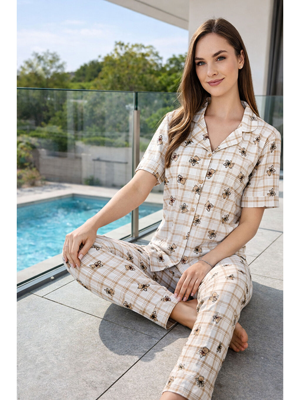 Kadın Ayıcık Desen Kısa Kol Suprem Pijama Takımı 0277 Bej02-1