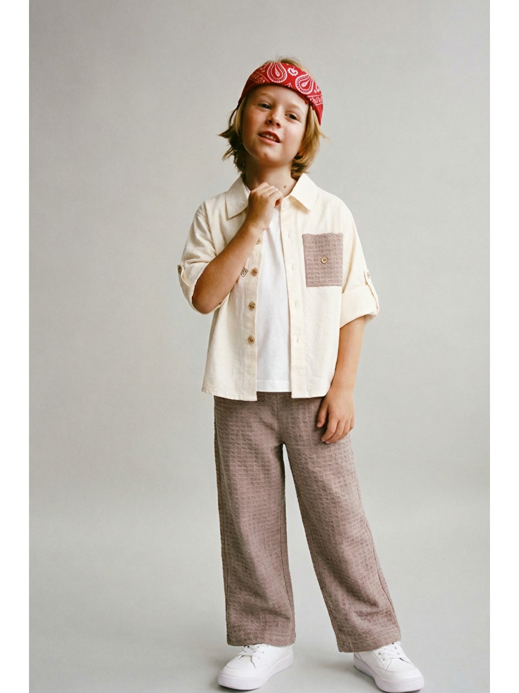 Karışık Erkek Çocuk Pamuklu Bej Cepli Gömlekli Takım – Kısa Kollu Gömlek, T-Shirt Ve Pantolon