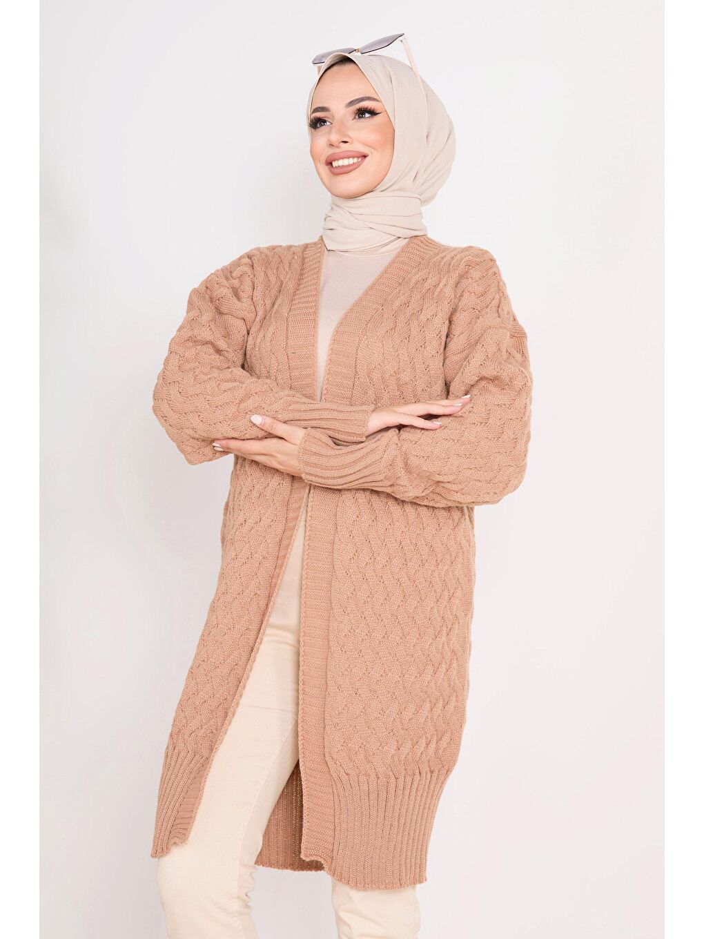 Bej Ceket Yaka Kadın Vizon Triko Hırka - 23104-3