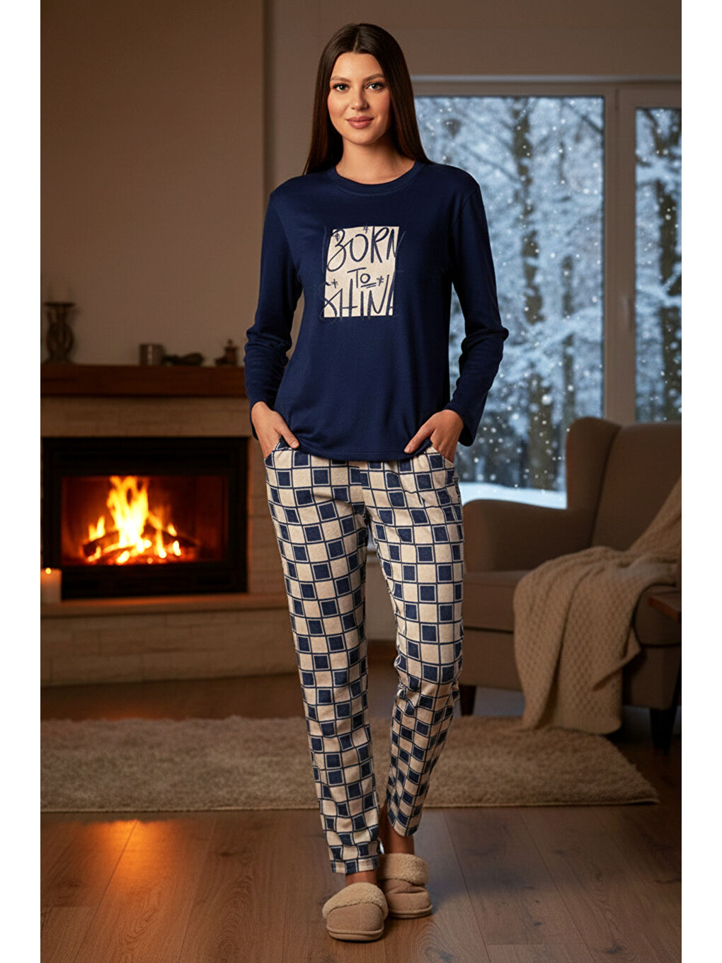 Kadın Termal Uzun Kol Pijama Takımı 4714 Lacivert01