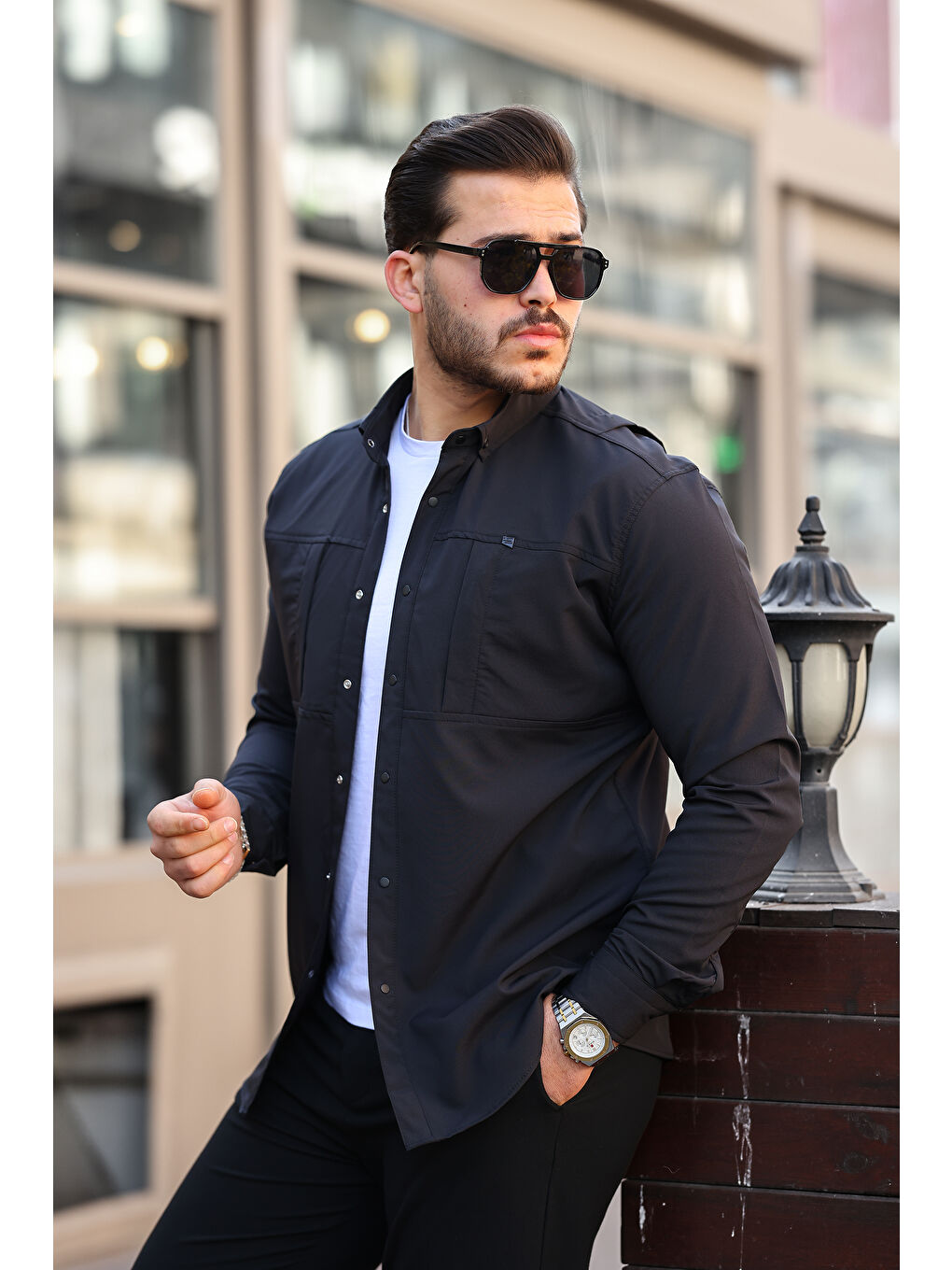 Siyah Erkek Gizli Cep Paraşüt Kumaş Gömlek-1