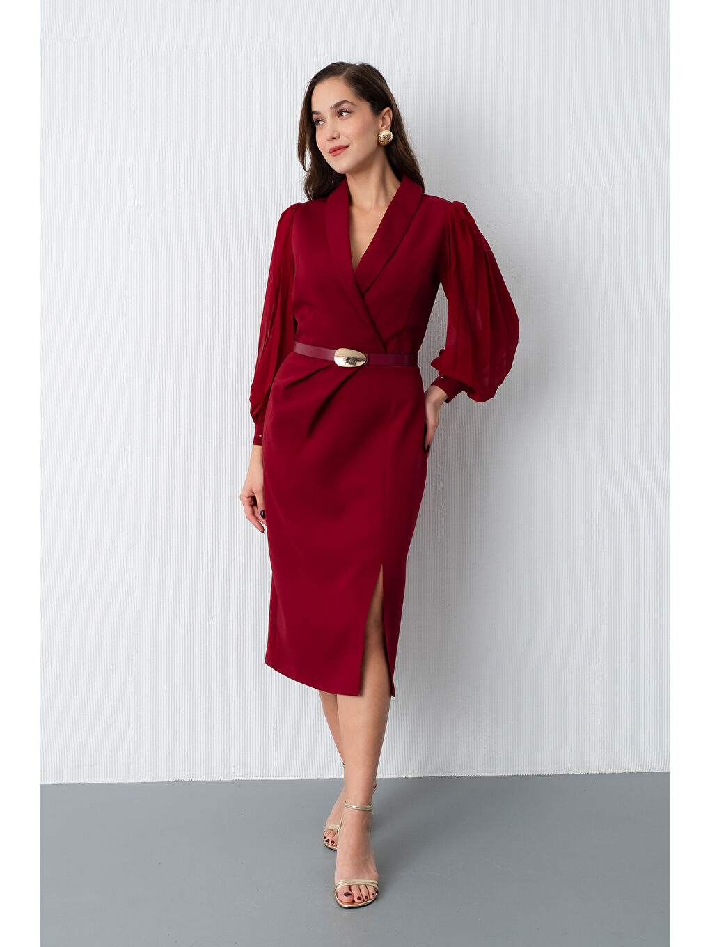 Kadın Bordo Kemerli Midi Abiye Elbise