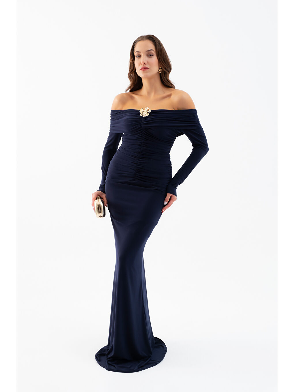Kadın Lacivert Büzgü Detay Uzun Elbise-2