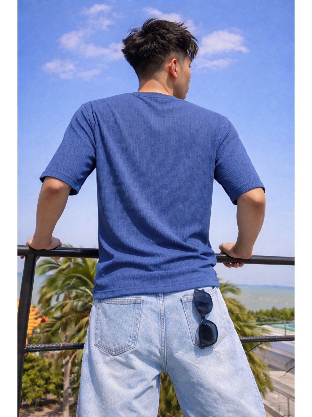 Lacivert Erkek Jakarlı Oversize Tişört Bisiklet Yaka Rahat Kalıp Yazlık Basic T-Shirt-2