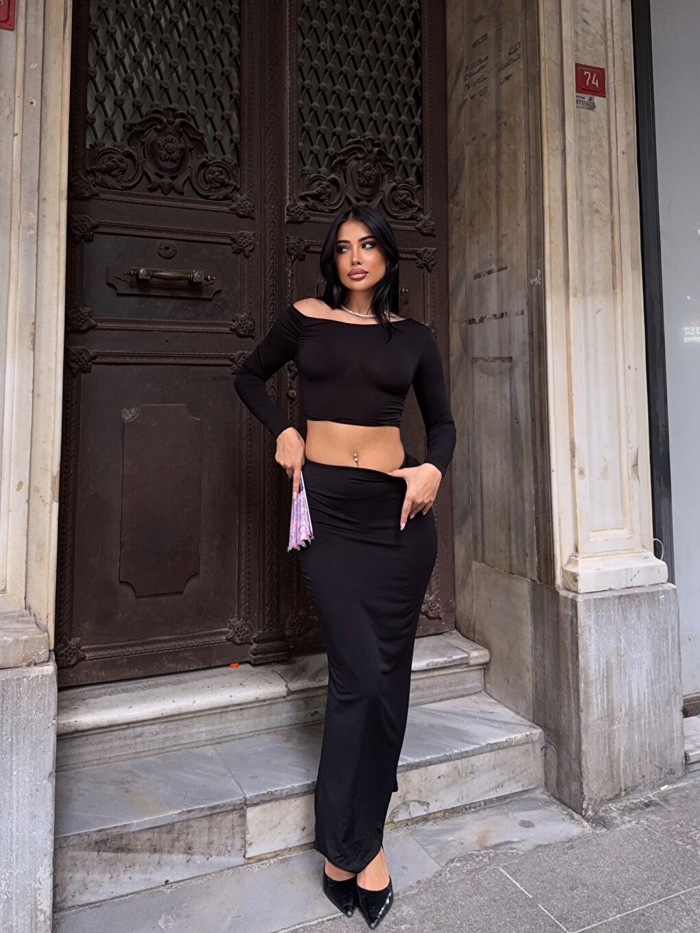 Siyah Sandy Kumaş Etek Bluz Takım-2