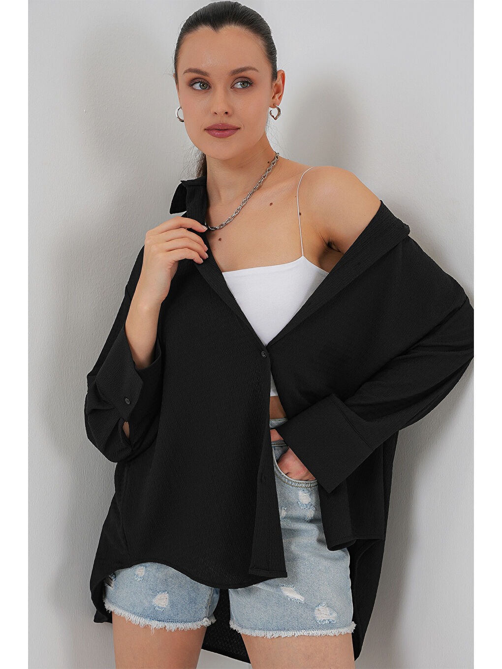 Kadın Örme Oversize Gömlek 20264 - Siyah-1