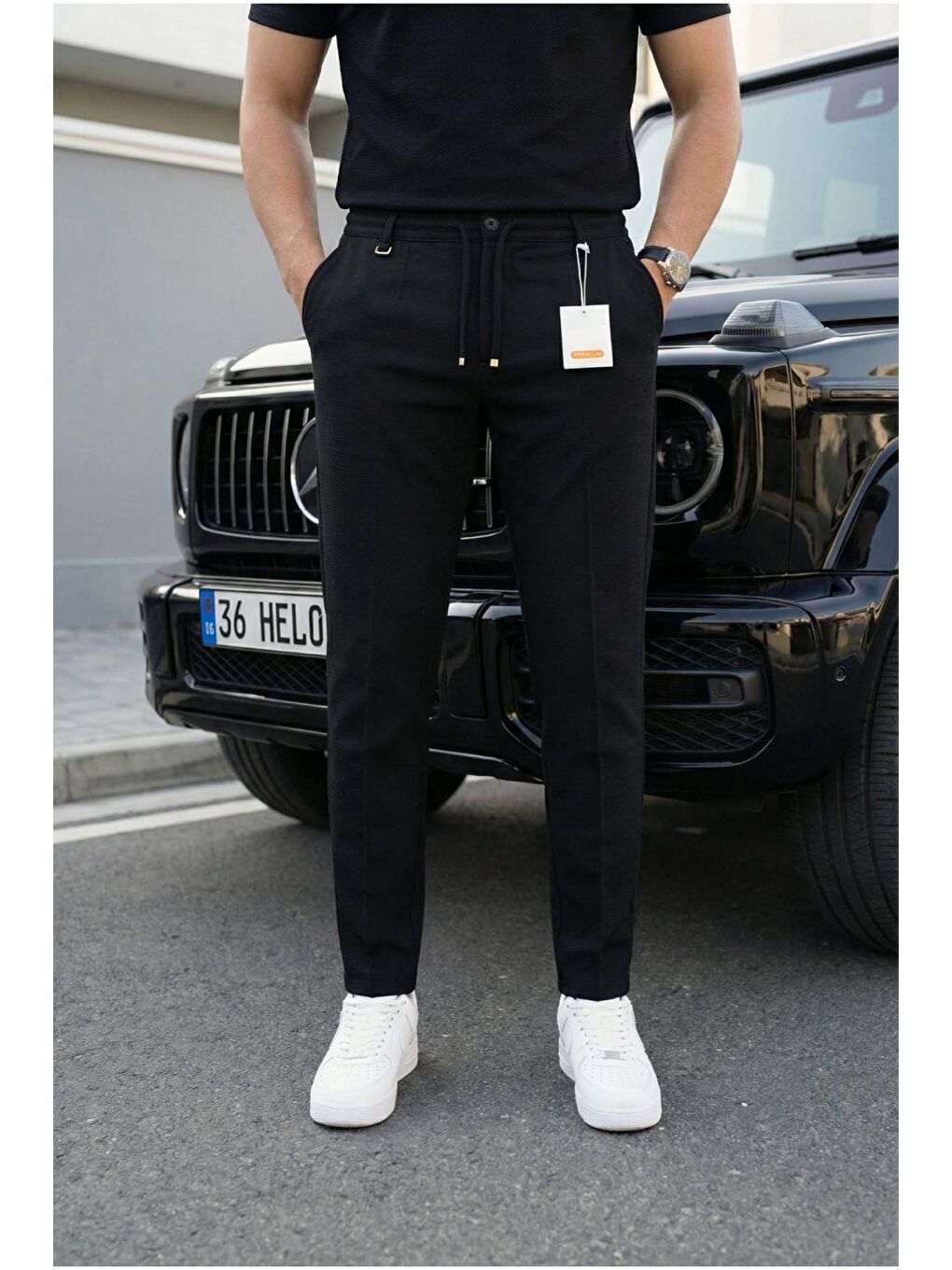 Siyah Holl Beli Lastikli ve Bağcıklı Elastanlı Esnek Örme Jogger Pantolon-1