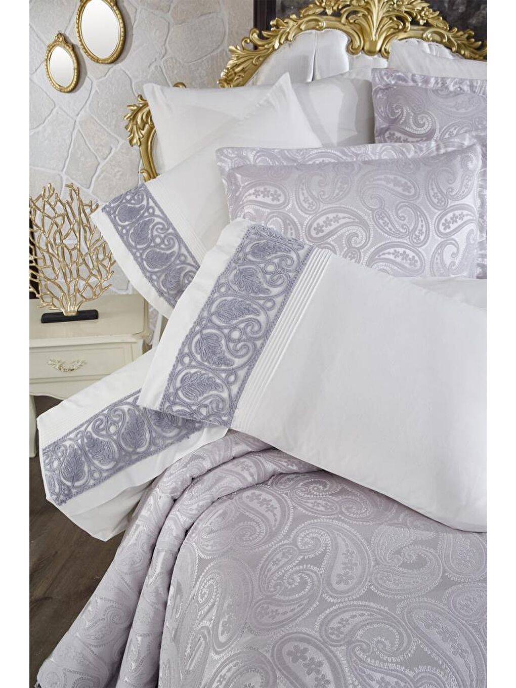 Şal 10 Parça Battaniyeli Çeyiz Seti Gri-7