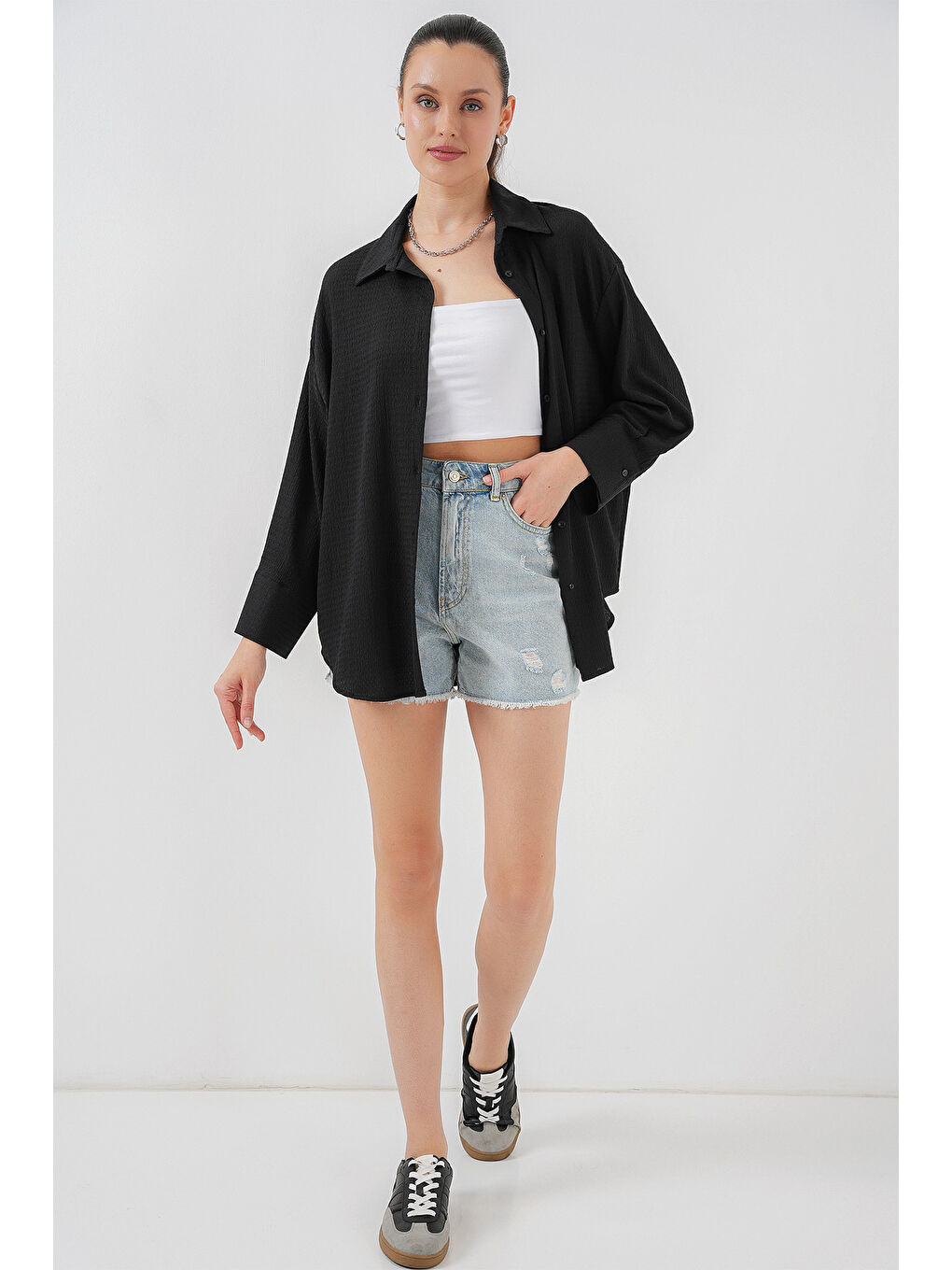 Kadın Örme Oversize Gömlek 20264 - Siyah-2